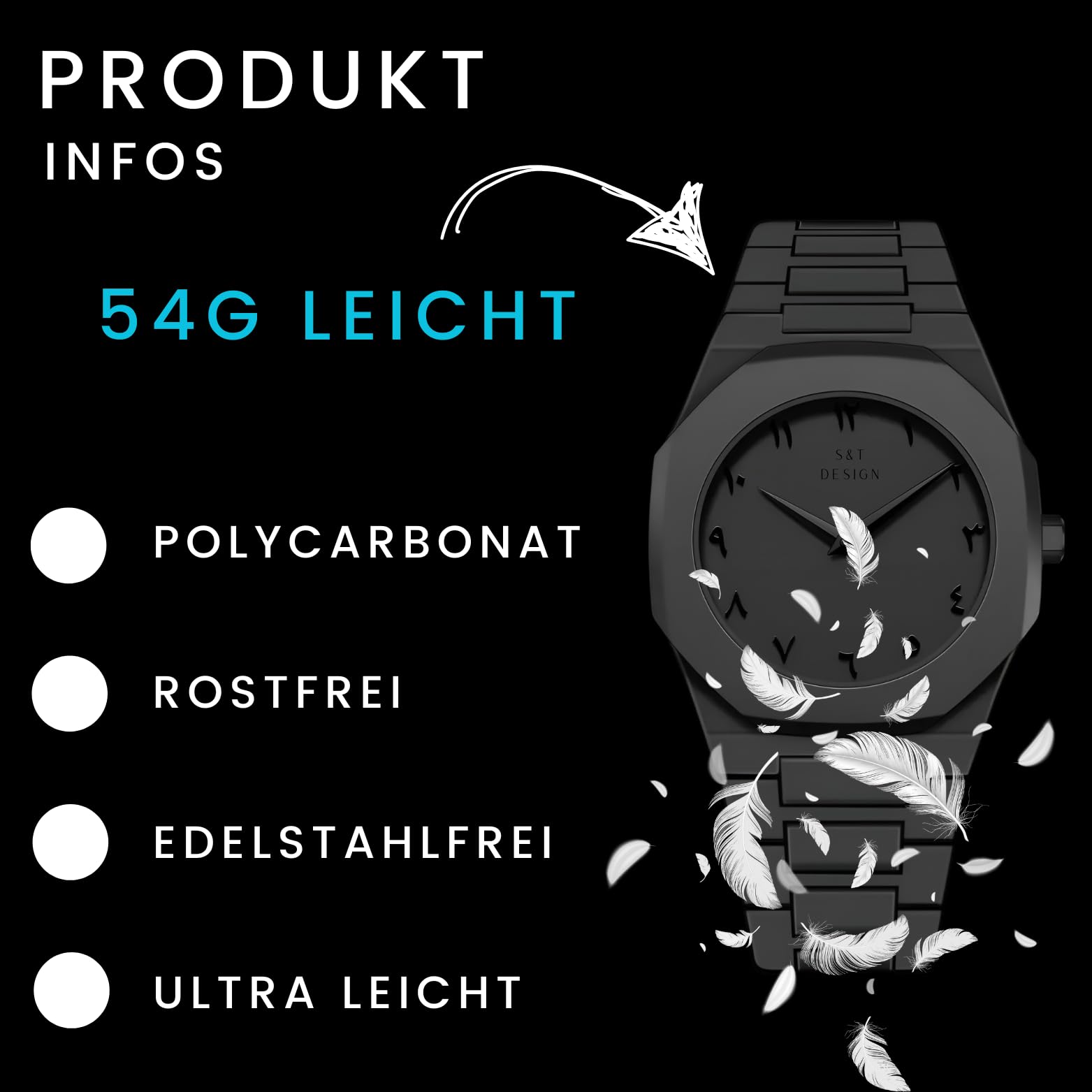 S&T Design Quarzuhr Herrenuhr Armbanduhr Elegant Herren Uhr (inkl. Armbandkürzer, Ultra leicht (54g), Ultraleicht, Arabische Zahlen, Matt, Rostfrei, Polycarbonat Männer Uhr
