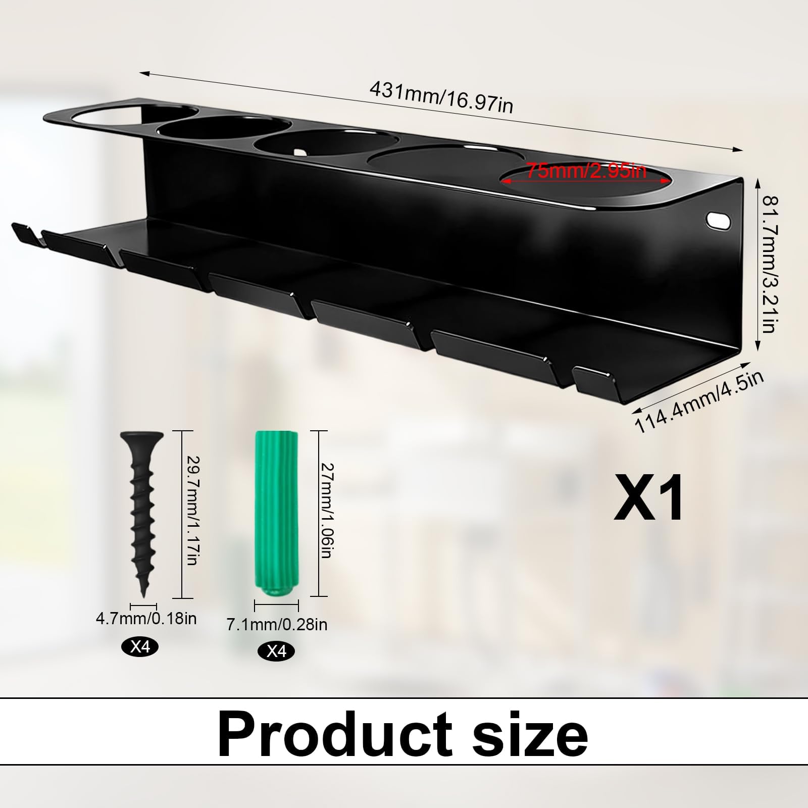 PARFCO Porta bombolette spray 43 cm, 5 fori, da parete, nero, con 6 fessure da 8 mm, per officina, casa, bar