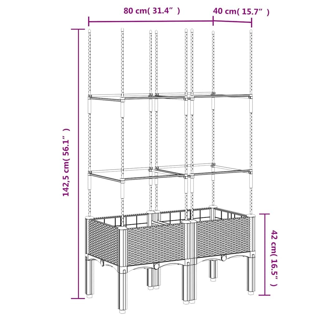 Pflanzkübel mit Rankgitter Schwarz 80x40x142,5 cm PP, Garten Balkonkasten mit Bewässerung und Abflussloch, Hochbeet Kasten für Kletterpflanzen, Indoor Outdoor geeignet, Rattan-Optik