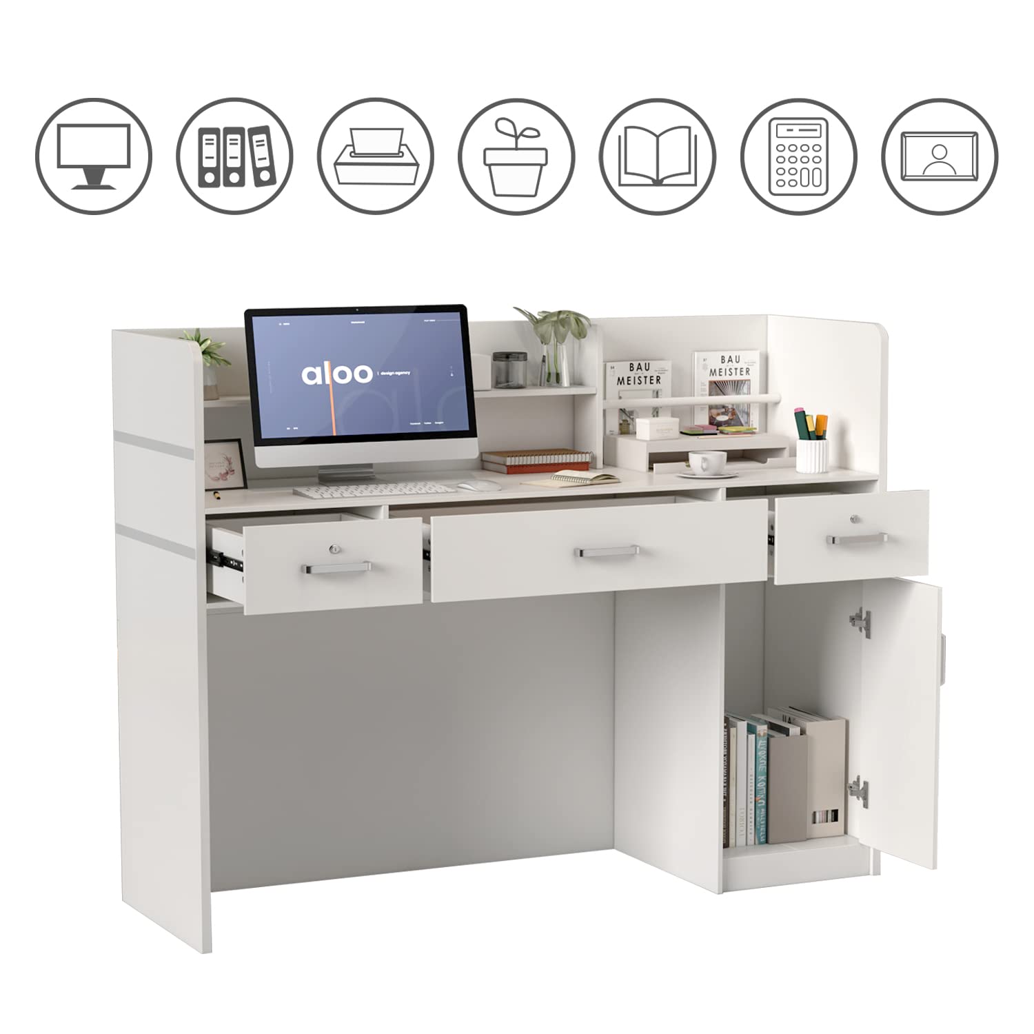 Banco reception, bancone reception, tavolo reception per ufficio con 3 cassetti e ripiani per sale aziendali, reception di hotel, negozi di abbigliamento, bianco 120 cm L x 48 cm P x 110 cm H