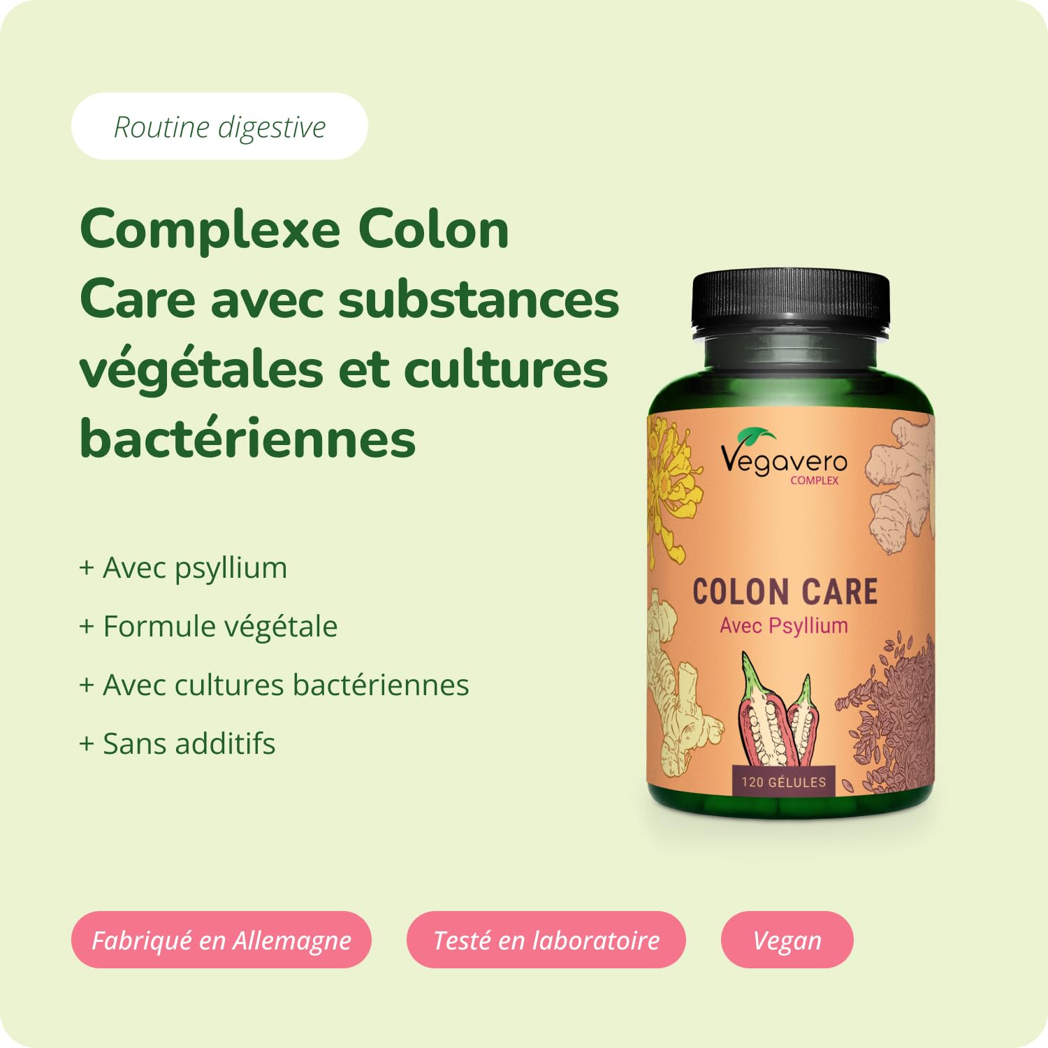 Colon Irritable Vegavero® | 100% Naturel | 120 Gélules | Nettoyage Intestinal | Avec Gingembre, Psyllium, Galanga, Fenouil, Cayenne et Lactobacillus Acidophilus | VEGAN