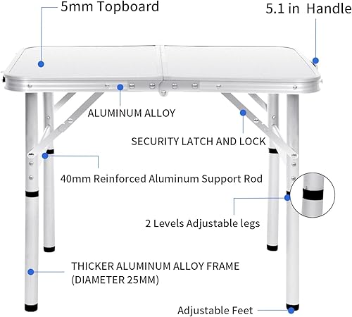 Miniatura 7 de Mesa plegable pequeña de 2 pies, mesa de camping portátil, mesa de picnic portátil de aluminio de 2 alturas, tarjeta de playa al aire libre