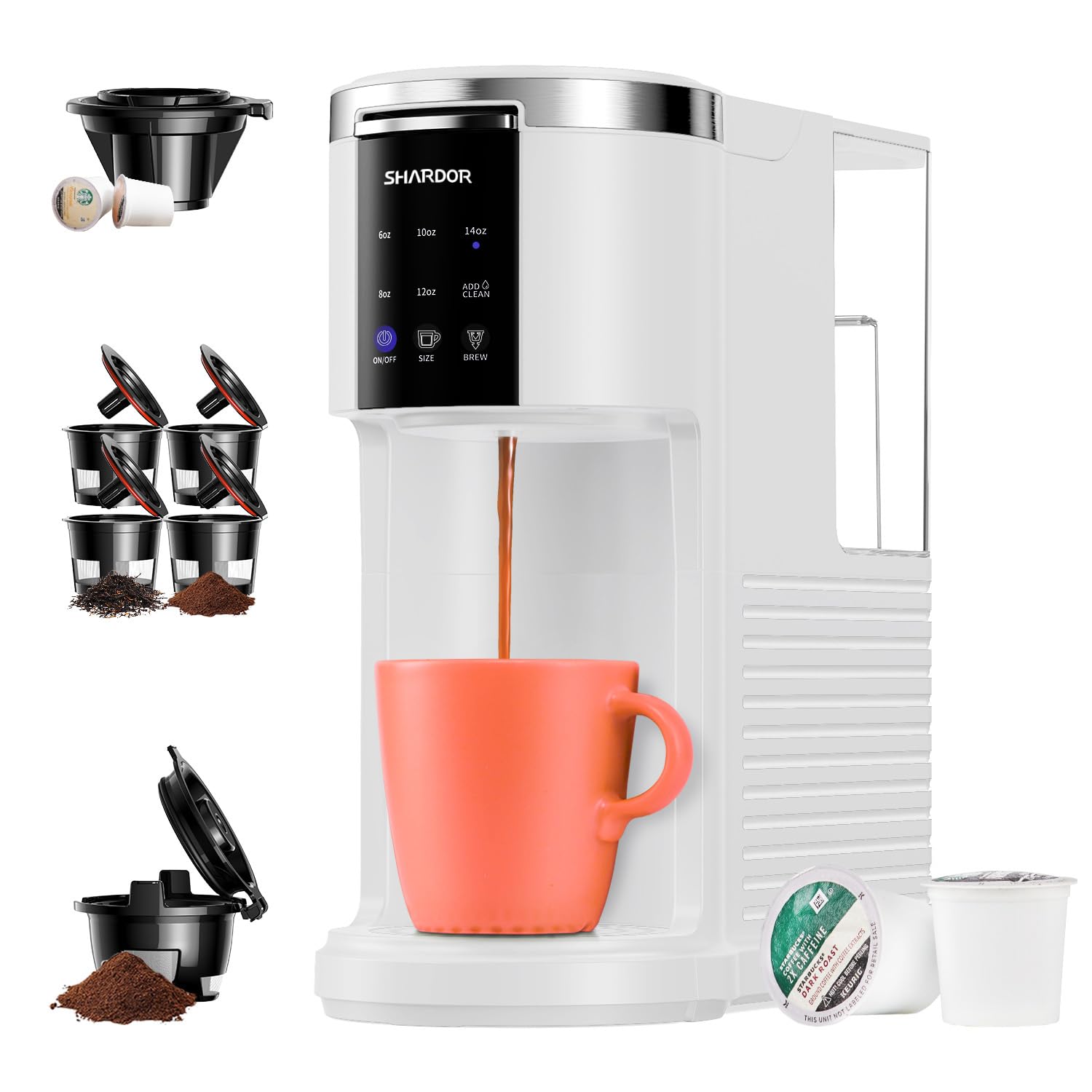 SHARDOR 3 in 1 Single Serve Coffee Machine, K Cup Coffee Maker Compatible with Ground Coffee & Teas, 6 to 14oz Brew Sizes, 40oz Removable Water Tank, Descale Settings, White