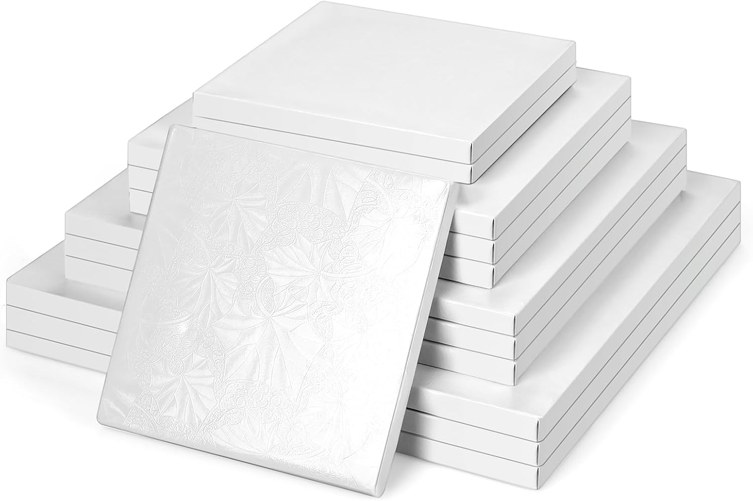 12 Pcs White Square Cake Drums Assorted Size 6/8/10/12 Inch, 1/2 Inch Thick Square Cake Board Drum Fully Wrapped Foil for Christmas Baking Desserts Pastries, White Leaf Style
