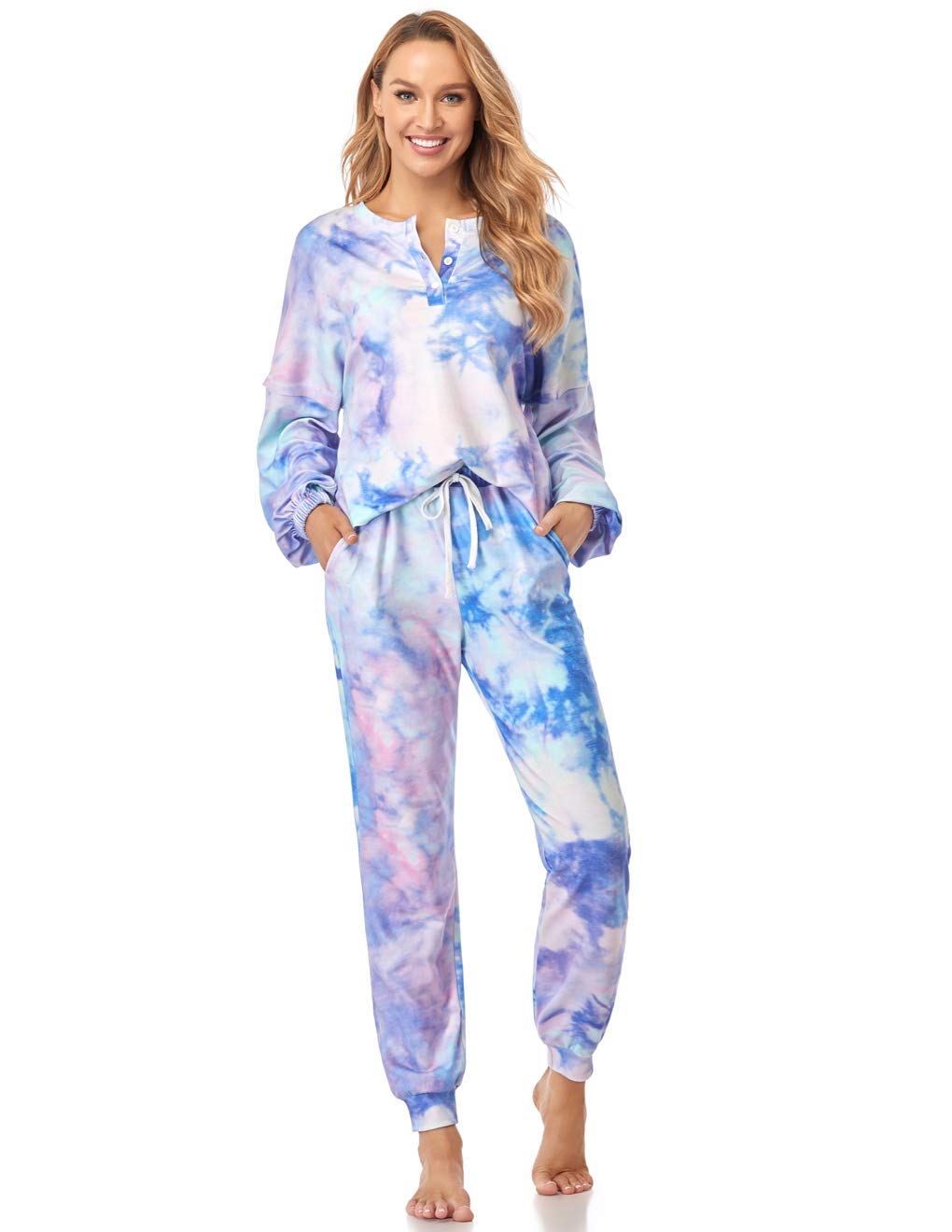 Women’s Tie Dye Sweatsuit Long Sleeve Pajamas Set Pullover Sweatpants Joggers Sets Loose Sleepwear with Pockets