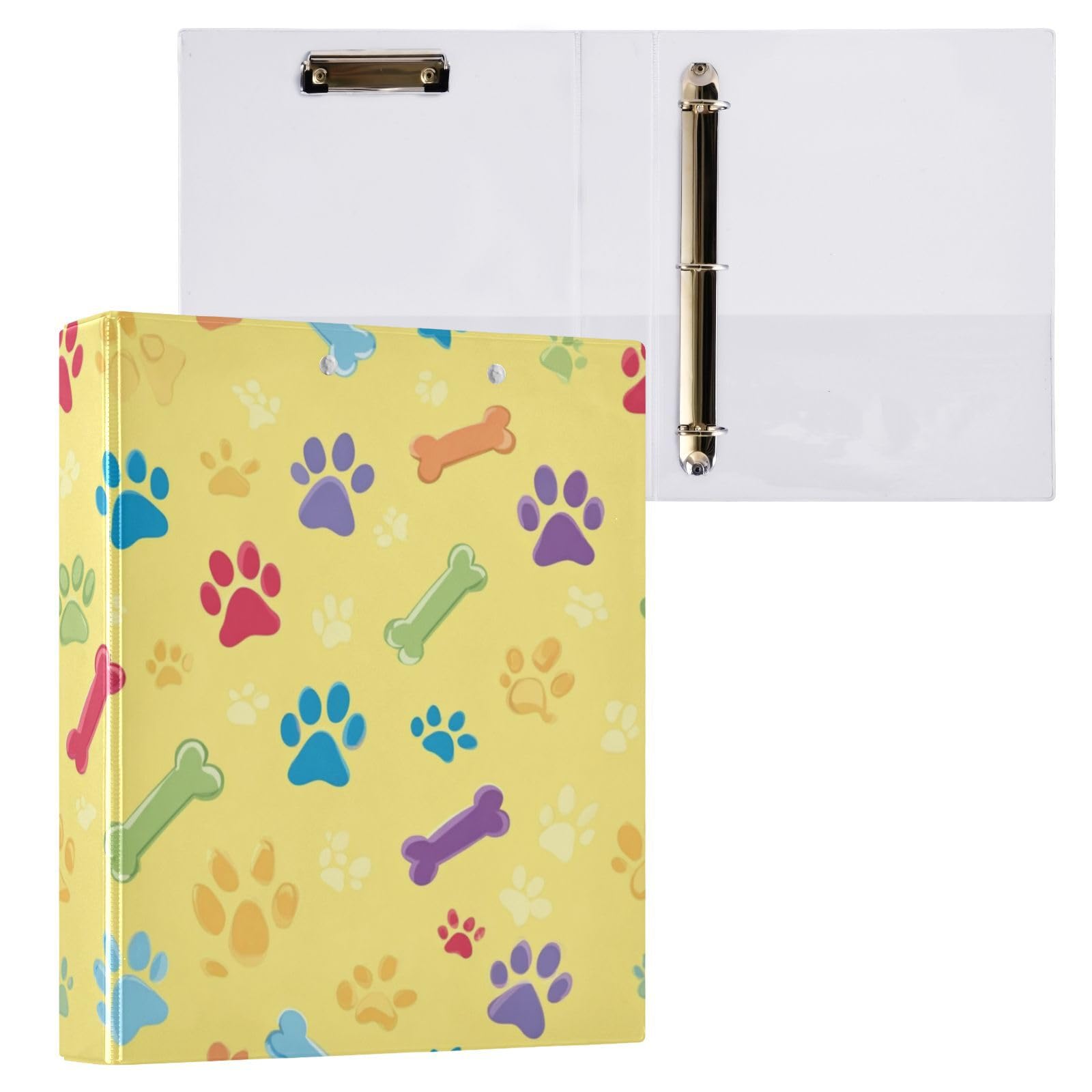 Kcldeci Raccoglitore a 3 anelli con copertina rigida, osso di zampa di cane, giallo, 3,8 cm, anelli rotondi con tasche interne, per scuola, ufficio, ricette, raccoglitori, confezione da 2