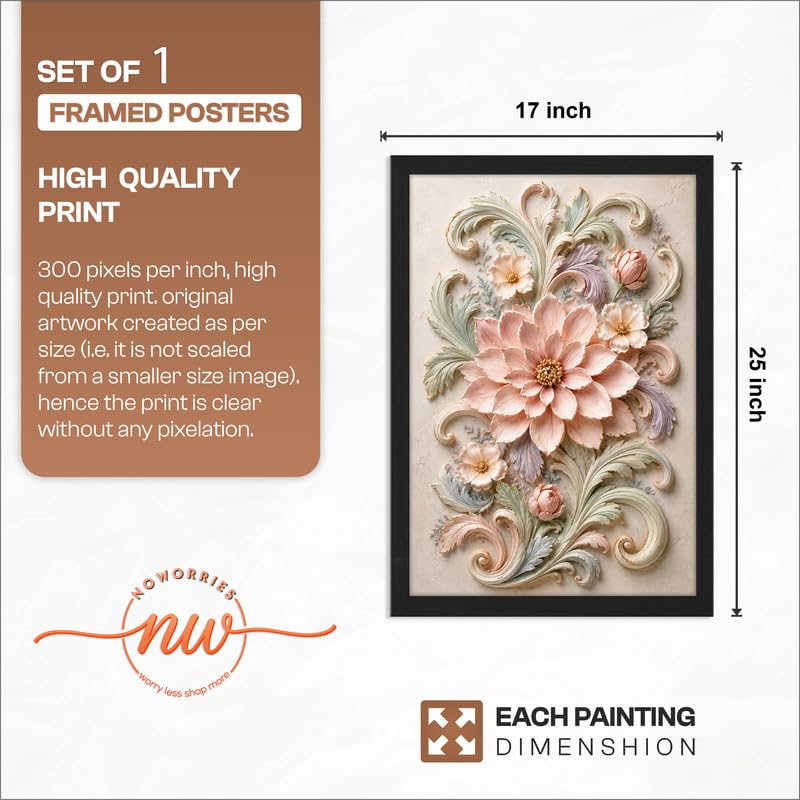 Image of NoWorries Floral Botanical Wall Painting with Frame | Premium Textured Flower & Leaf Artwork, Pastel Nature Wall Decor Framed for Living Room Bedroom Office and Home Decoration (Art-18,17x25inch)