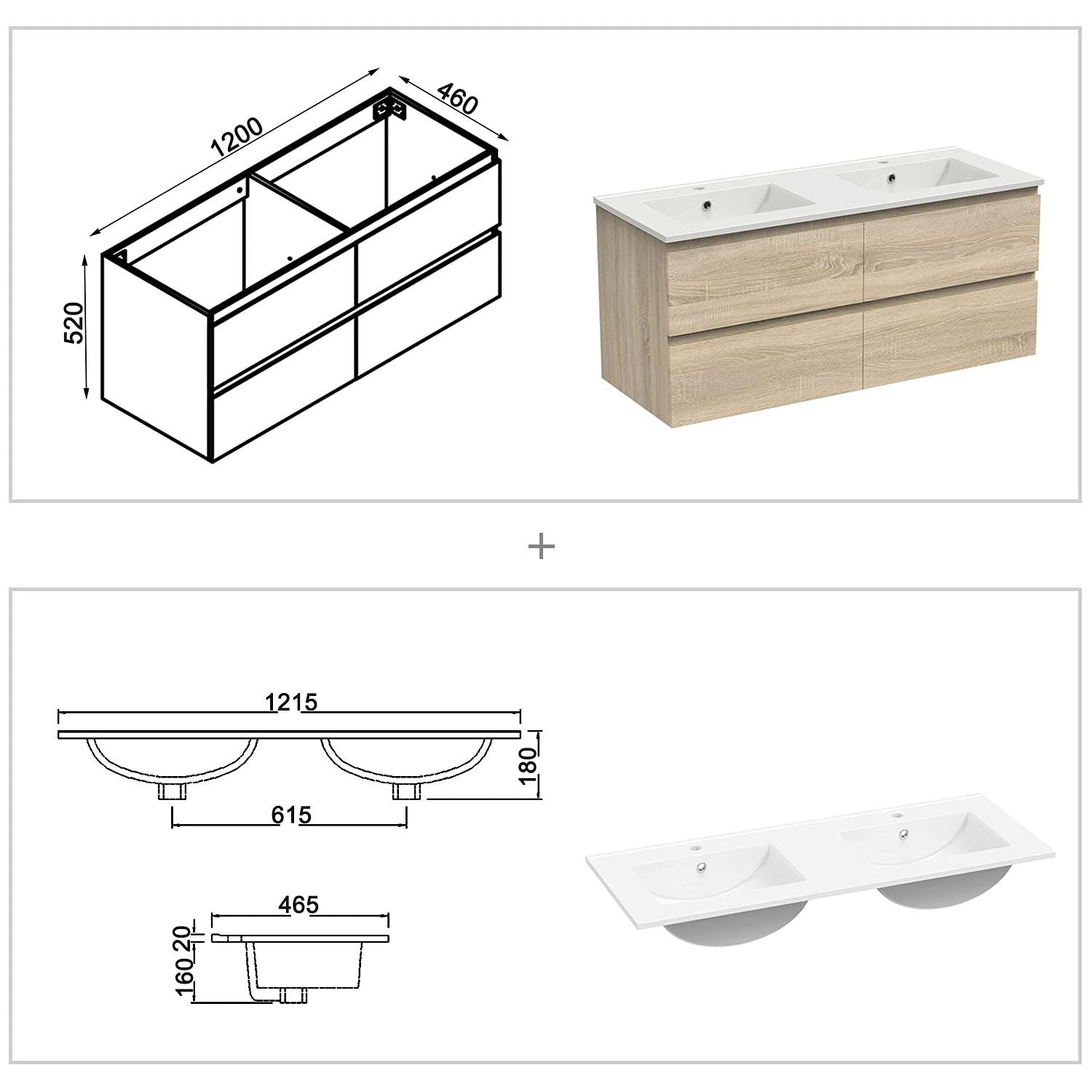 AICA Ensemble Meubles Salle de Bain 120cm avec Colonne et Miroir Lumineux 3 Couleurs et dimmable Chêne Wotan