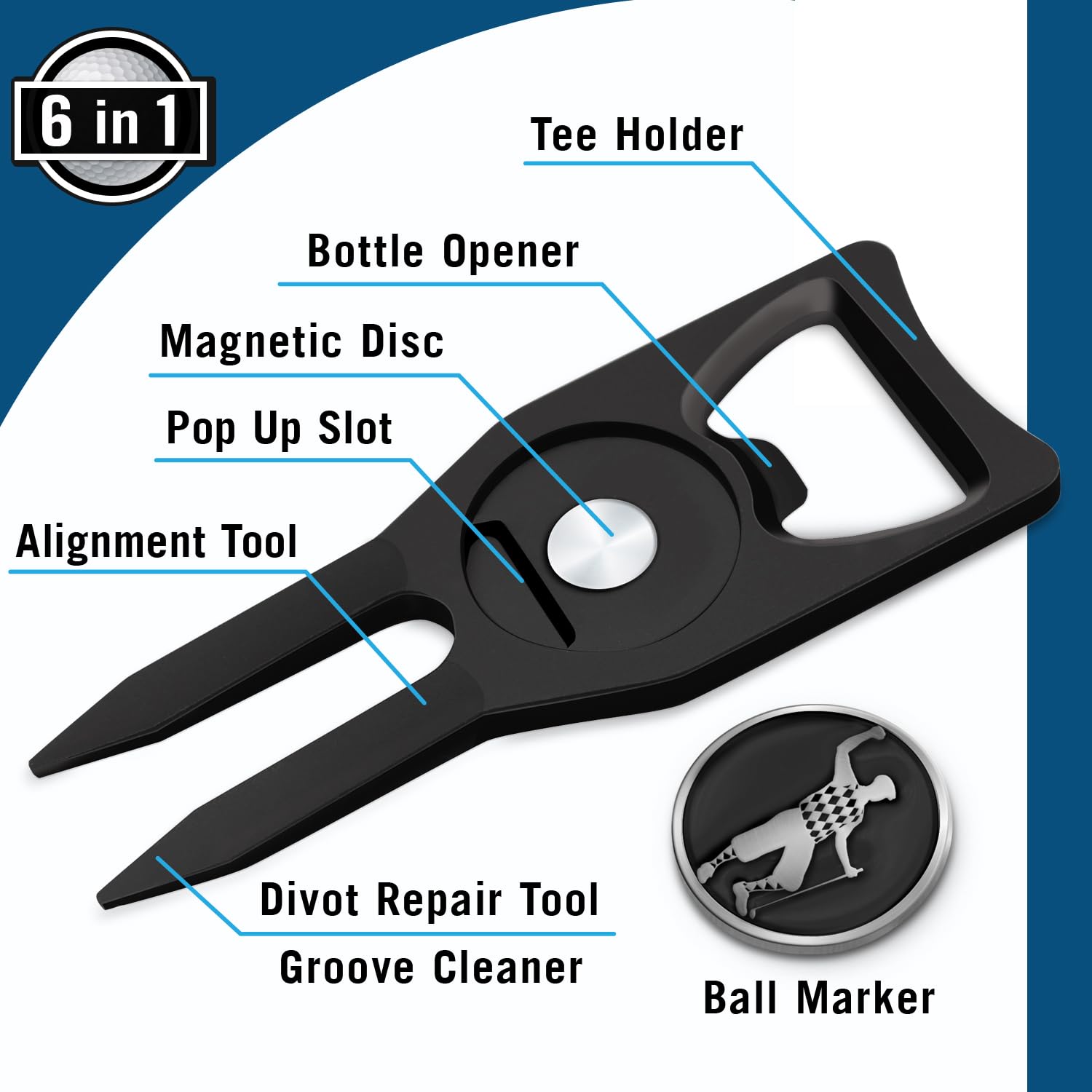 6-in-1 Golf Divot Tool with Ball Marker – Premium Multi-Tool with Bottle Opener, Club Tee, Groove Cleaner, and Putting Alignment – The Ultimate Golf Accessory for The Green – Black