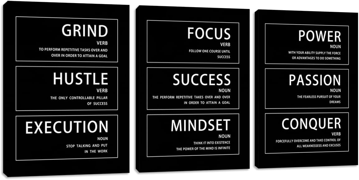 3 Piece Motivational Hustle Grind Execution Wall Art Quotes Wall Decor Office Art Inspirational Success Mindset Conquer Canvas Wall Art Poster Prints Office Decor - 48" W x 24" H Art-24 48"W x 24"H