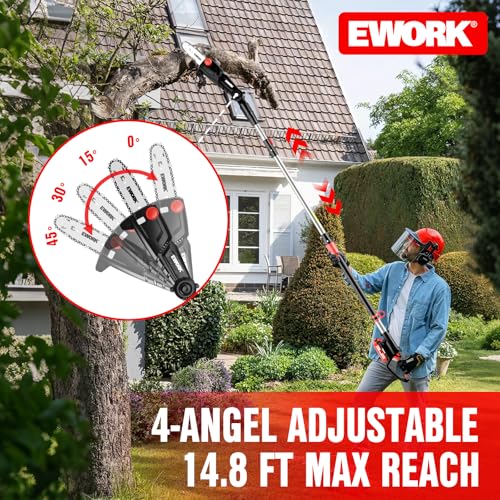 Image of EWORK Electric Pole Saws for Tree Trimming 20V 8-Inch Cordless Pole Chainsaw, Extension to 14.8-Ft, 4-Angle Adjustable Head, Tool-Free Tensioning with 2x2.0Ah Battery & Fast Charger