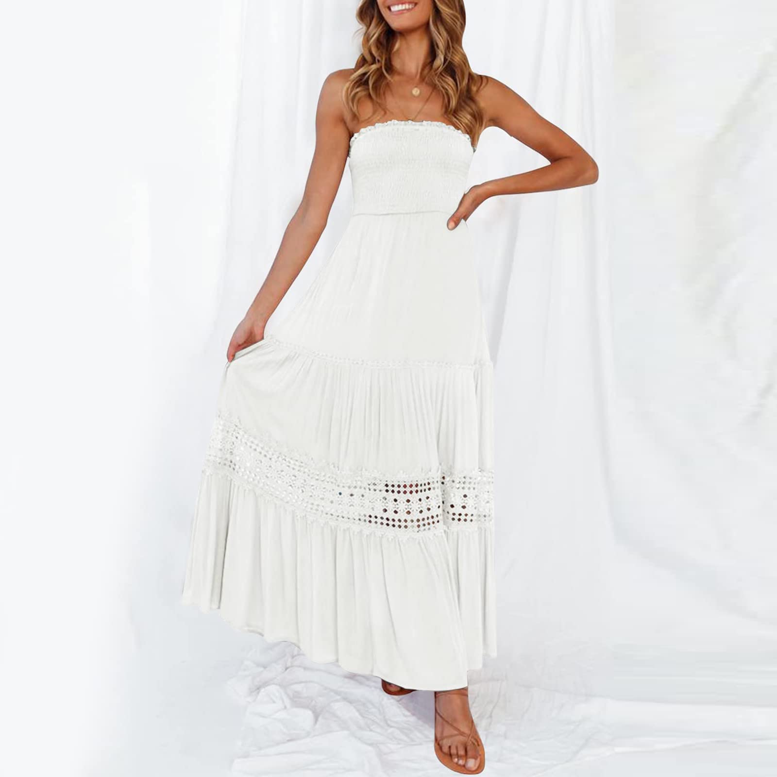 Vestito da Sposa Donna, Senza Spalline, con Bordo in Pizzo, Design A Schiena Scoperta, Svasato, Lungo Maxi Abito da Spiaggia, Abbigliamento Primavera, Sexy, Curvy, da Cerimonia