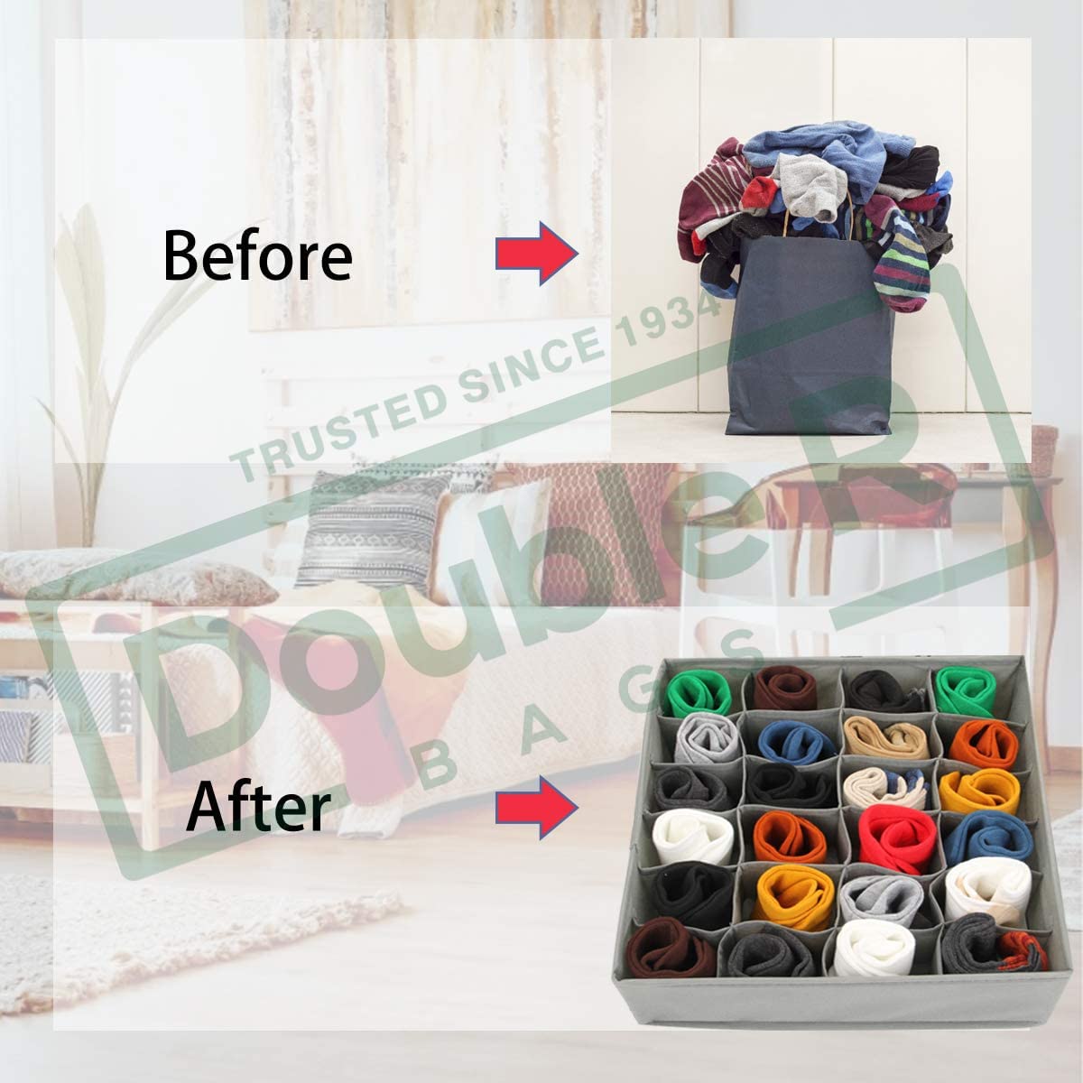 Double R Bags Organizador divisor de cajones de calcetines, 3 paquetes de 24 celdas plegables para calcetines, organizador de armario, cajas de almacenamiento para guardar calcetines, lencería, ropa