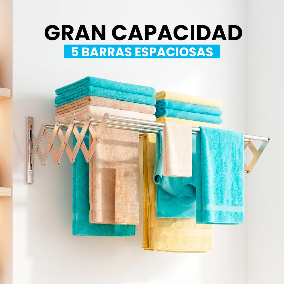Marctani Tendedero Extensible Pared Acero Inoxidable - Tendederos Plegables Ahorra Espacio Interior o Exteriror - Tendal Plegable con 5 Barras - Tenderete de Ropa (A.INOX 160CM)