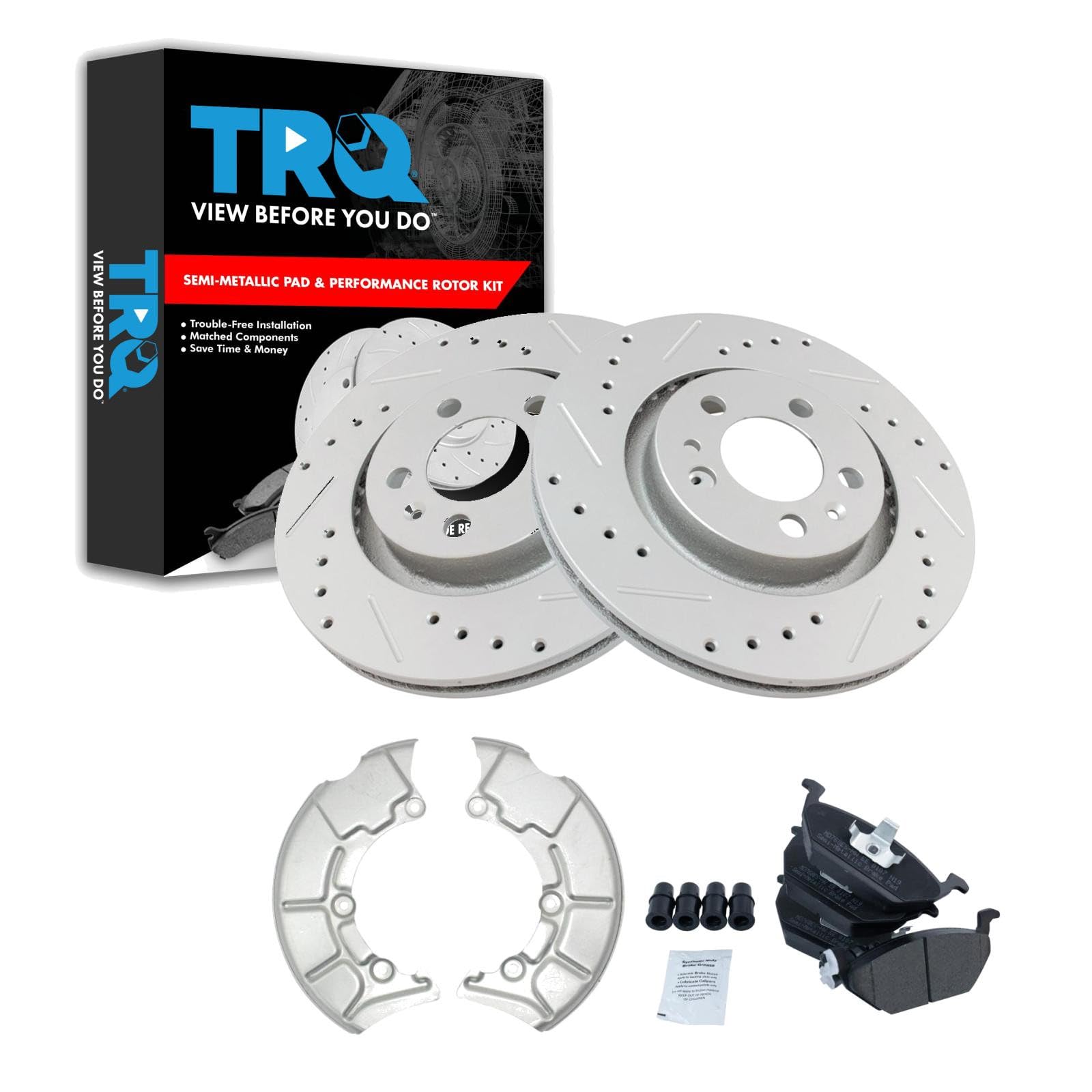 TRQ Front Brake Pad and Rotor Set Semi Metallic G Coated Drilled Slotted Rotors Compatible with 2000-2006 Volkswagen Beetle Golf 2000-2005 Jetta 2009-2010 Beetle