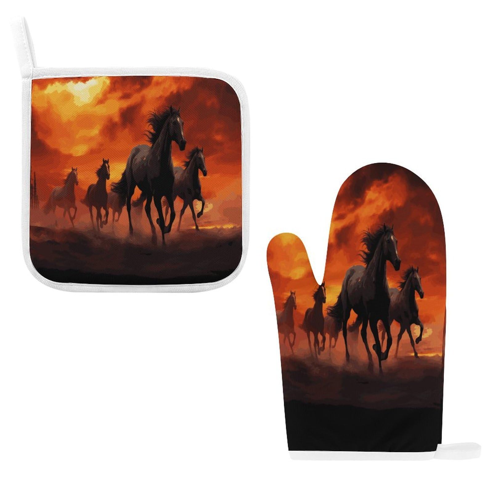 Btcowzrv Style Horses Red Glowing Clouds Oven Mitts And Pot Holders 2Pcs Set