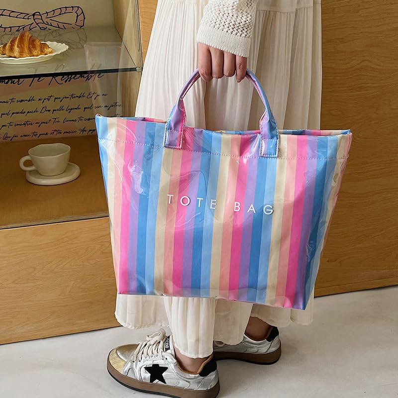 Image of Lushandy Striped PVC Tote Bag for Women, Checkered Plastic Tote Bag for Beach Pool Large Plaid Letters Print Hobo Handbag