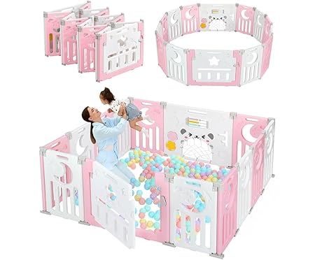 Baby Playpen, Dripex Baby Playard for Babies and Toddlers, 14-Panel Foldable Playpen Adjustable Portable Play Area, Indoor/Outdoor Kids Active Center with Game Panel & Safety Gate, Pink White