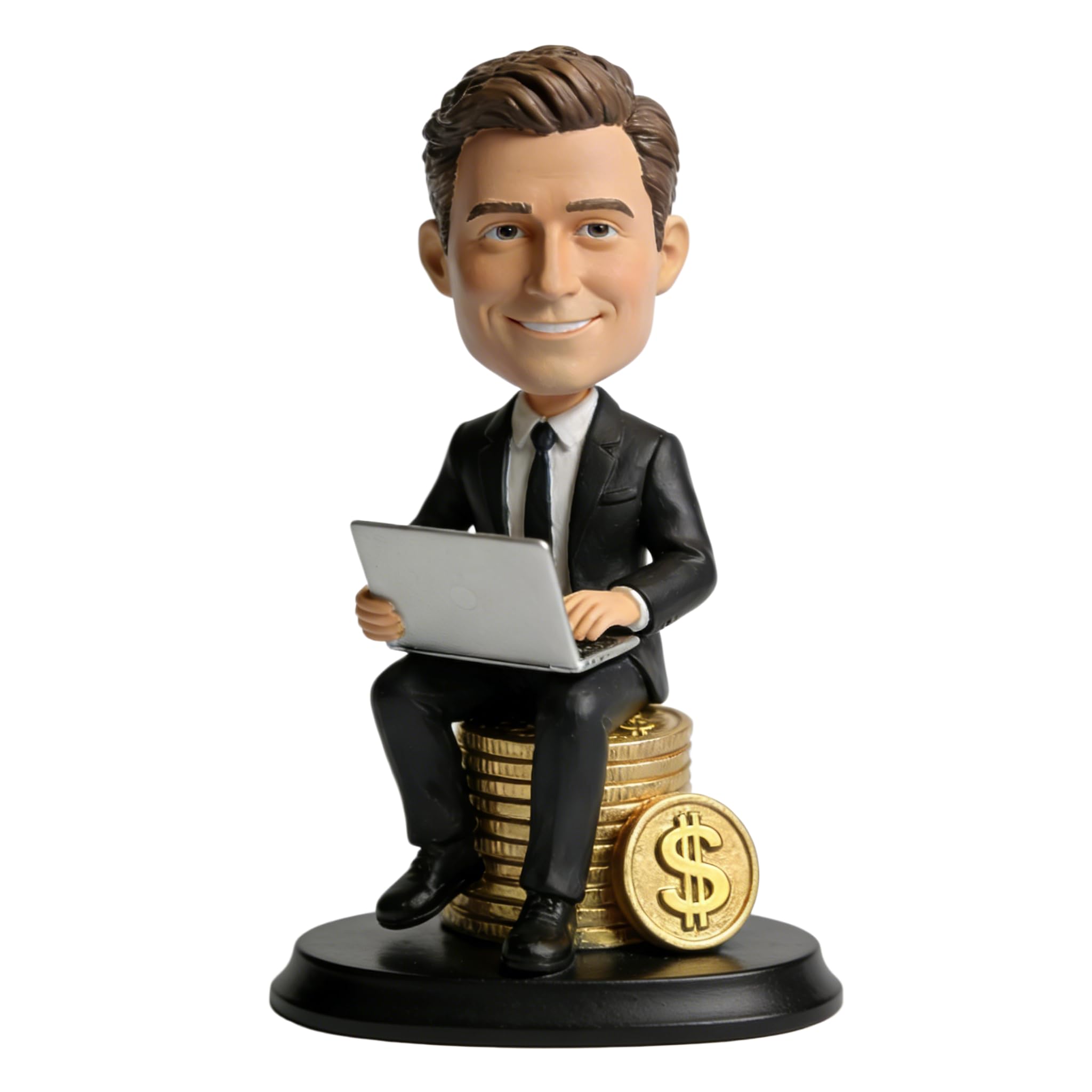Figura 3D personalizada de hombre de negocios de la foto, arcilla polimérica hecha a mano de cuerpo completo con accesorio de moneda dorada para laptop, regalo de decoración de escritorio para