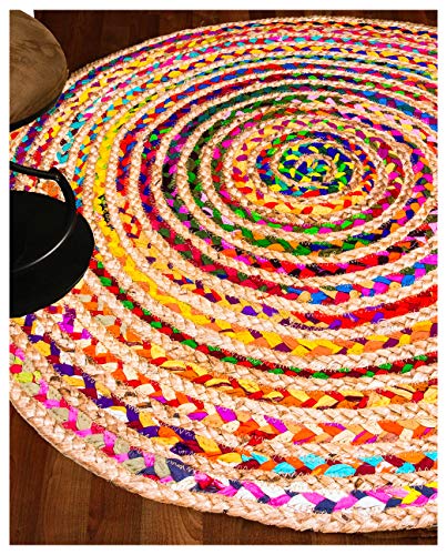 Hand Woven Jute & Multi Chindi Rug for Kitchen-Livingroom-Bedroom 3-Feet Round