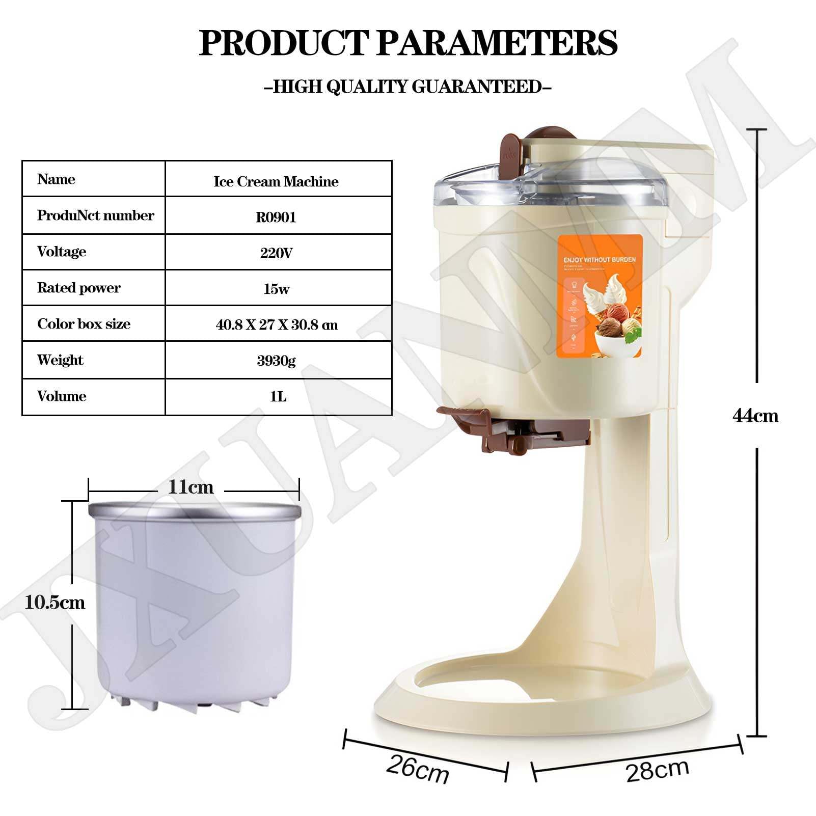 1000ml Włoska maszyna do lodów, 220V maszyny do lodów do domu, maszyna do mrożonego jogurtu i sorbetu, do domowego przenośnego blendera,White