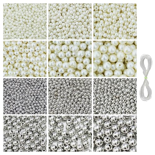 Image of 1800 Pcs Off White & 1800 Pcs Silver Beads for Bracelets Making - Beads for Jewellery Making Kit, Beading, Bead Craft, Crafting, Beadwork, Pearls for Craft - 4, 5, 6, 8, 10, 12MM - 360g