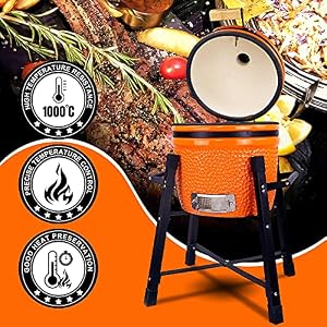Ceramic Kamado Charcoal BBQ Grill and Smoker Stainless Steel Grates 15 Ceramic with Tall Stand ORANGE