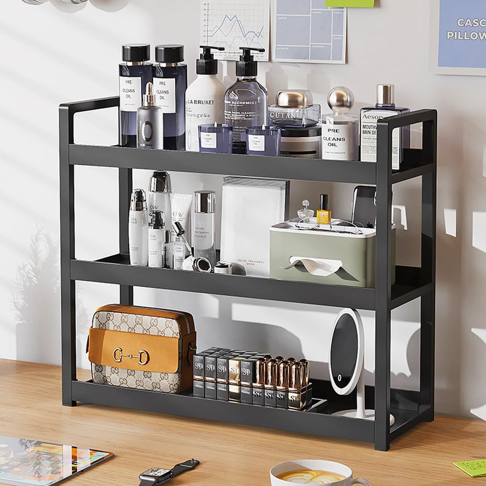 Badezimmer-Theken-Organizer, 3-stöckiges Badezimmer-Regal für Badezimmer, Küche, Schlafzimmer, ideal für die Organisation von Kosmetika, Parfums, Seifen, Lotionen und mehr (schwarz)