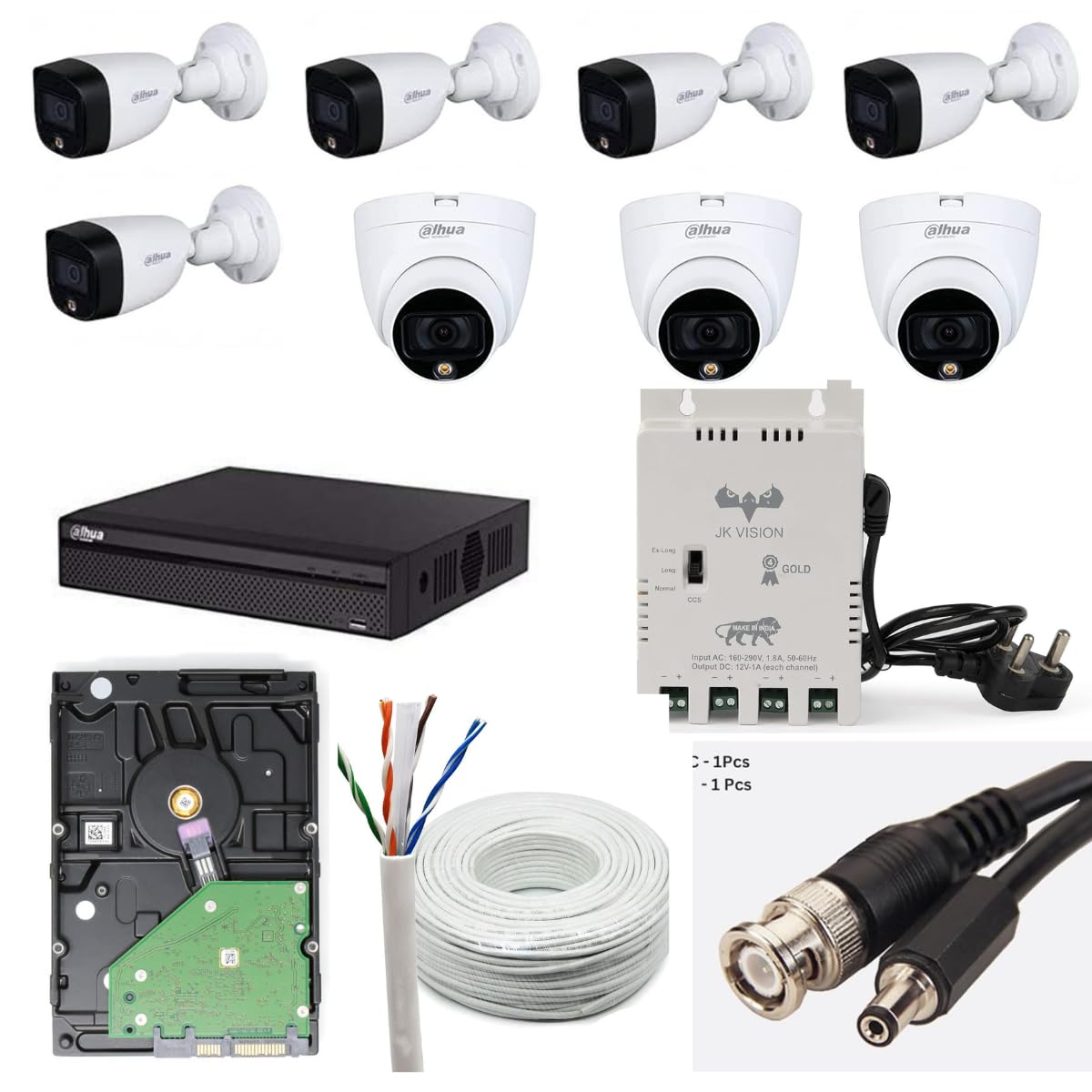 Dahua 2MP with Color HD CCTV Camera Full Set, 5 Bullet, 3 Dome, 8 Channel DVR, 8 Channel JK Vision Power Supply, 1TB Hard Disk, 90 Meter Cable, BNC/DC Connector-picture-24