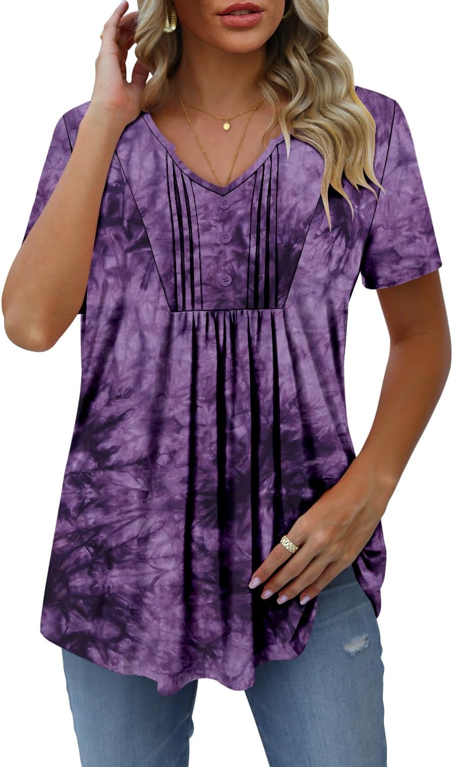 CHICZONE Women’s V Neck Pleated Tunic Tops Button Down Blouses Short Sleeve Shirts for Leggings