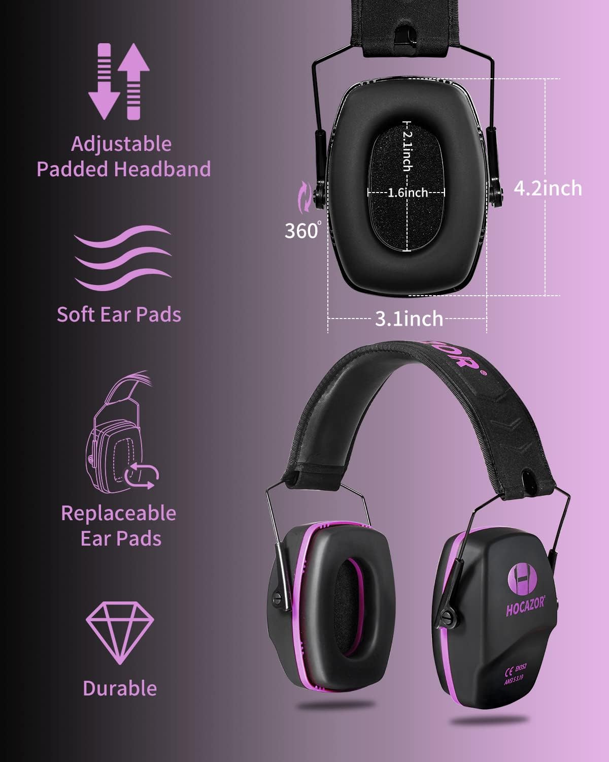 Shooting Ear Protection NRR 26dB Suit for Shooters Hunting Range Racing Concert Sports Events Airports - Black&Purple HO1006 - Image 3