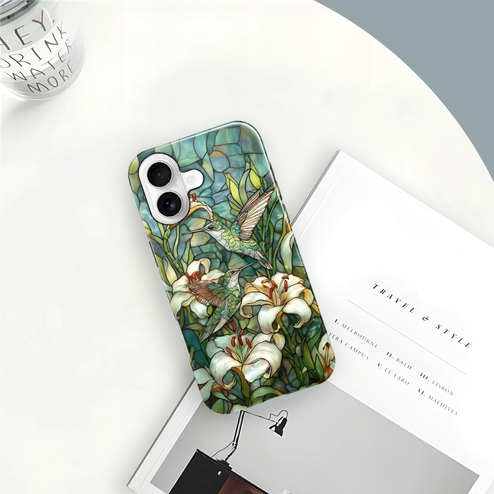 Case for iPhone 17,Stained Glass Hummingbird Lily Phone Case Military-Grade Drop Protection Cover for Women Girl - Glossy image 3