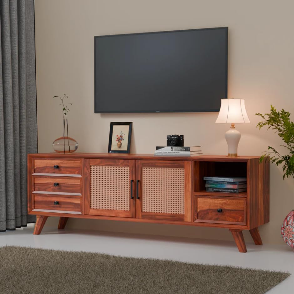 Image of Premium Solid Wood, 10 Minutes Assembly (Legs Only), Aesthetic Rattan Doors, Mid Century Entertainment Center for Living Room, TV Stand for 65 inch TV, Dark Chocolate (Honey TK-27)