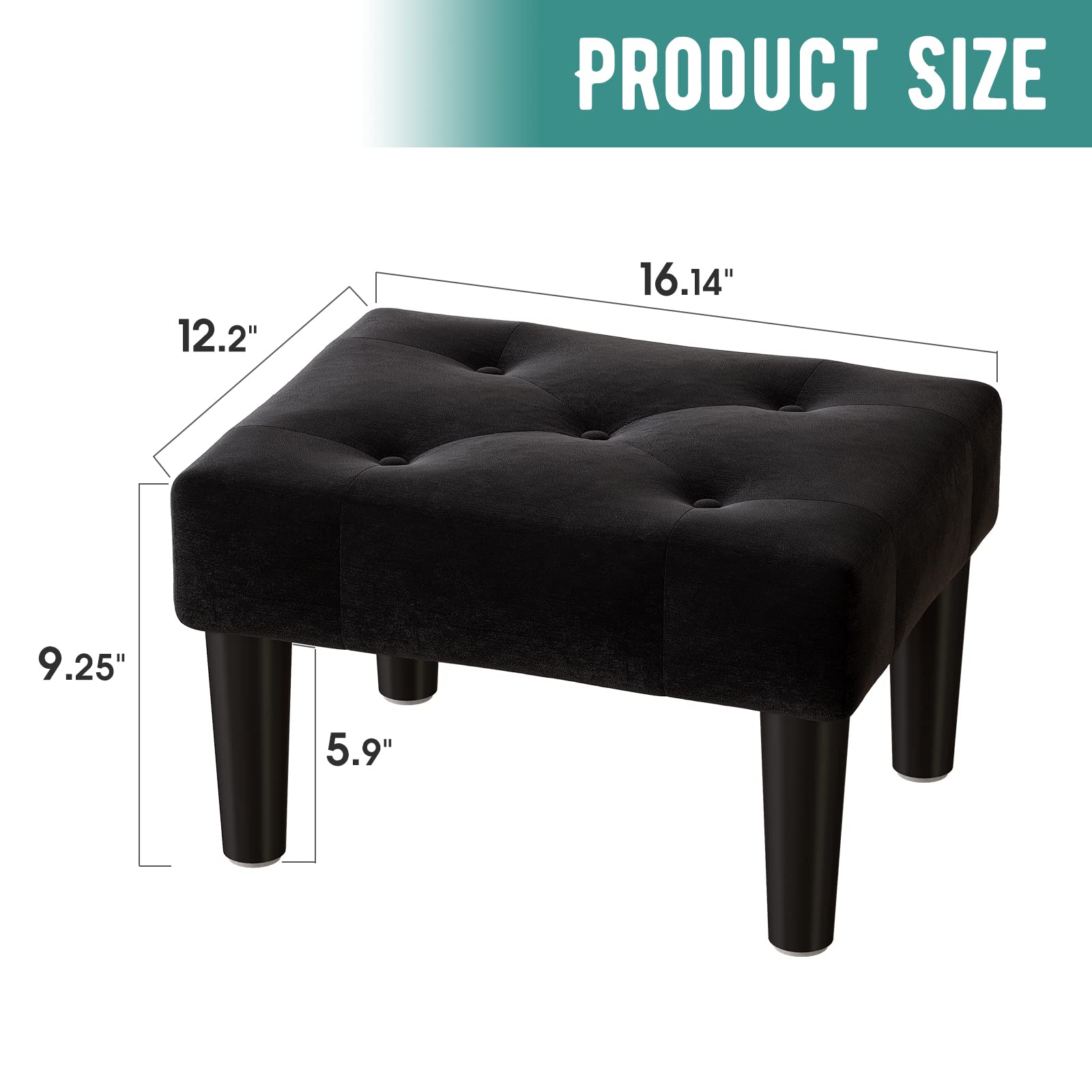 viewcare Black Ottoman Foot Stool, Small Ottoman Foot Rest, Velvet Soft Footrest Ottoman with Wood Legs, Sofa Footrest Extra Seating for Living Room Entryway Office