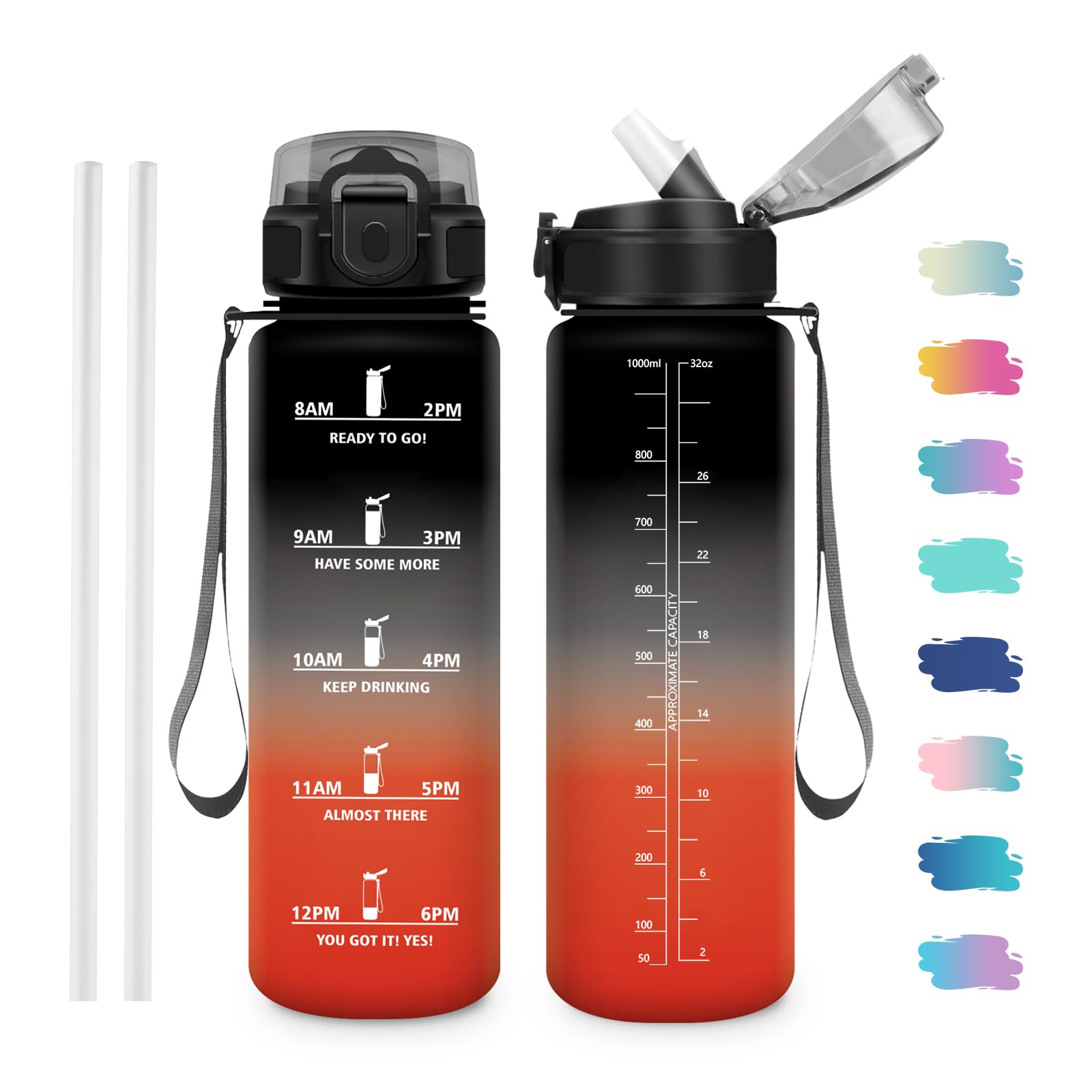 JAPORIA 1L Water Bottle with Straw and Time Marker, BPA Free Water Bottles for Students, Gym, Office, Yoga