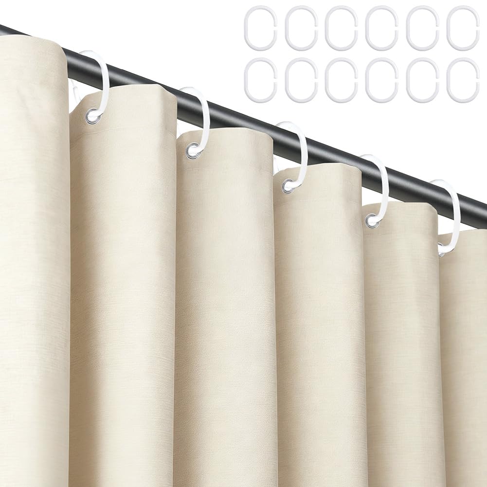 Tenda da doccia in lino 180x200 cm Beige chiaro, lavabile in lavatrice, tenda da bagno in tessuto lavabile antimuffa con 12 anelli