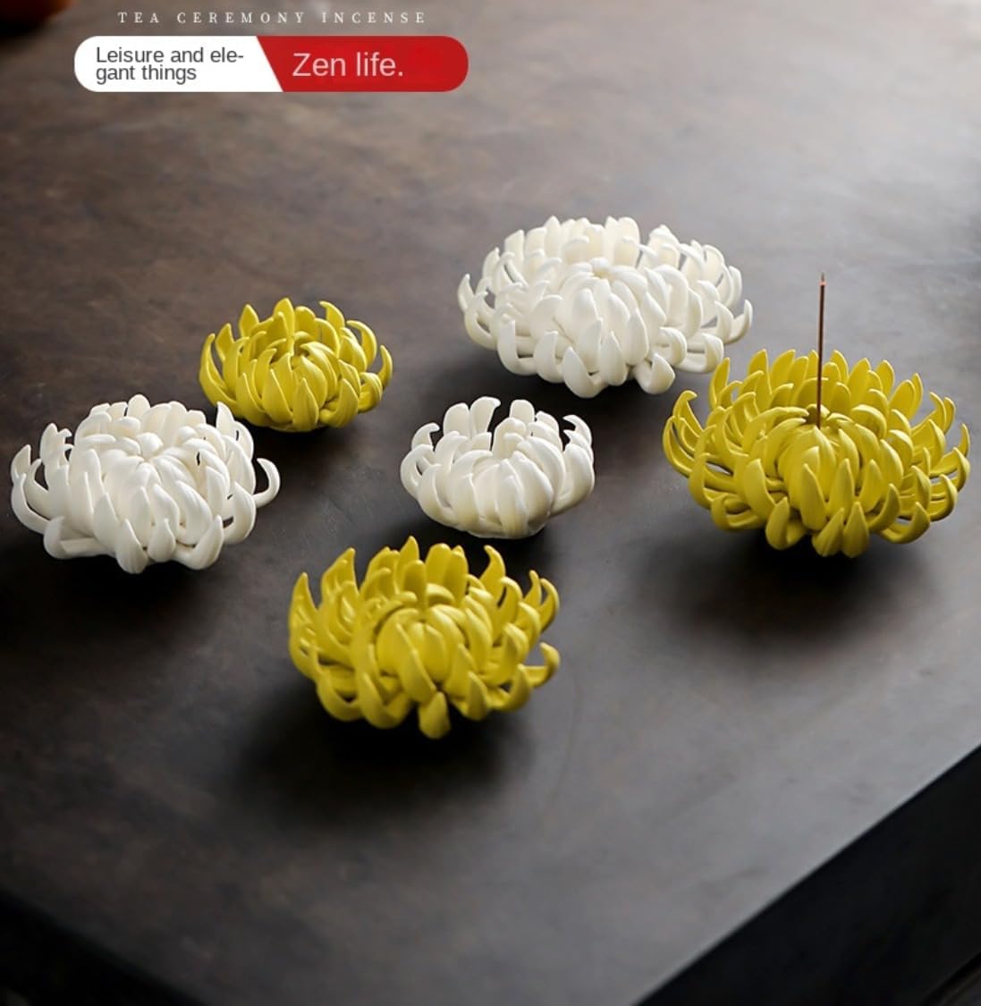 Ceramic Chrysanthemum Shape Incense Burner Stick Holder Aromatherapy Line Incense Base Table Craft Ornaments Tearoom,Yoga,Office (White,L)