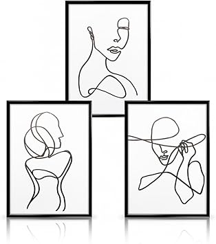 Hopzab 3 PCS Abstract Female Silhouette Paintings Set Minimalist Black & White Line Artwork Modern Wall Art Poster for Bedroom Living Room Bathroom Office Studio College Dorm