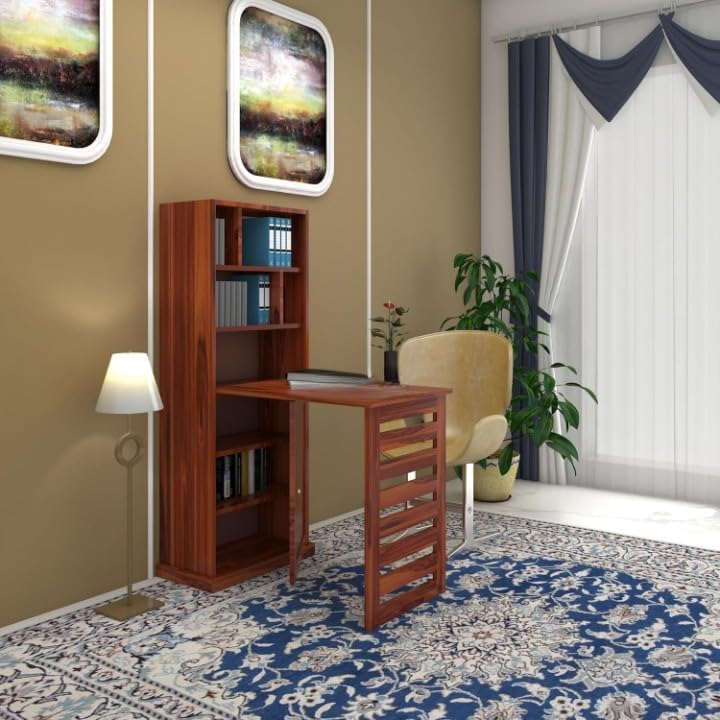 Image of SUNCOM Solid Sheesham Wood Foldable Study Table for Adults | Computer Table for Home | Office Table for Office Work | Work from Home Table with Door Cabinet & Shelf Storage | Rosewood, Natural