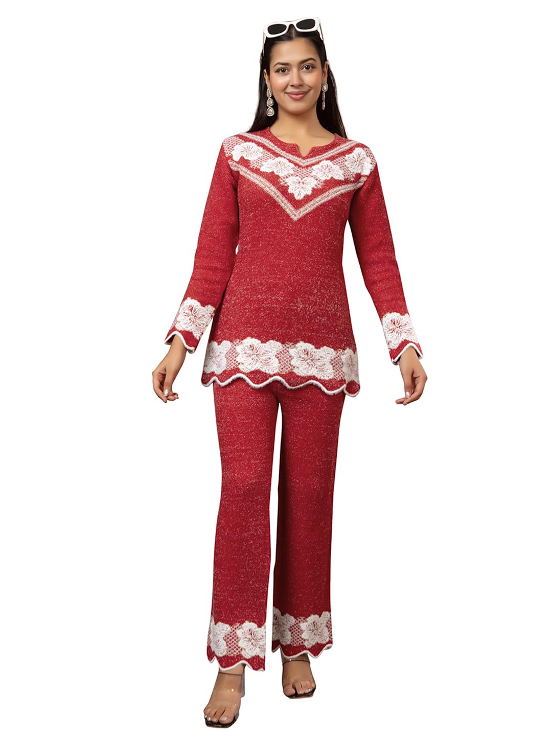 women's wool blend winter cord set| self design top & bottom clothing set |full sleeve warm co-ord set |stylish winter wear outfit for women & girls
