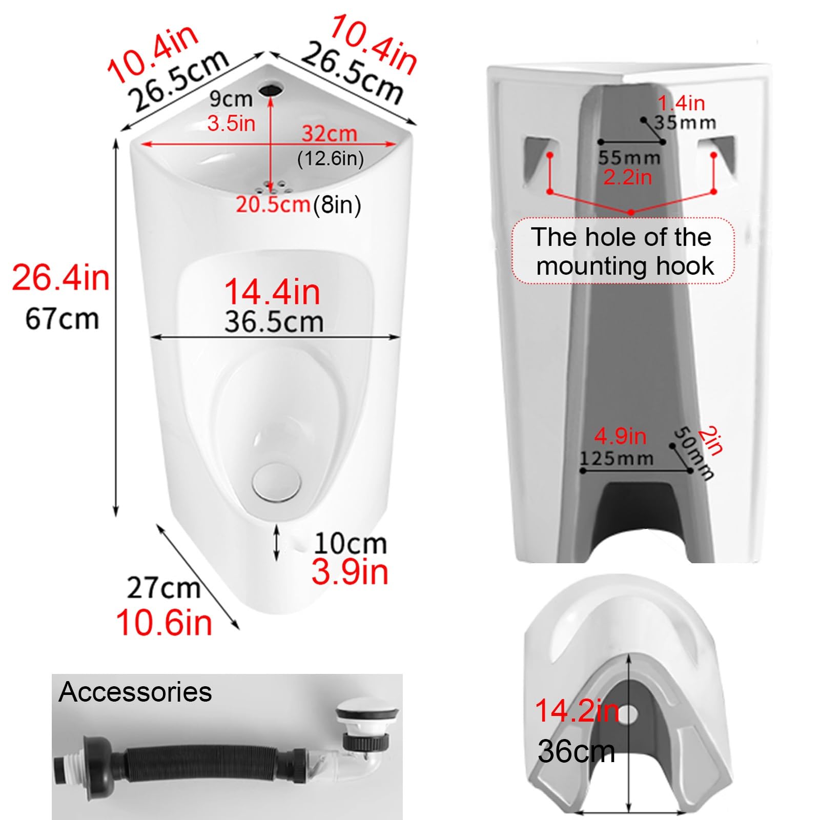 Urinario de pared para hombre con lavabo, urinarios de esquina de cerámica fáciles de limpiar para hombres, para garaje/sótano/escuelas/estudio