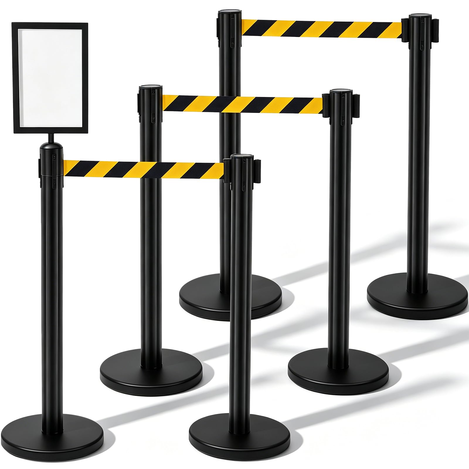 Geelin Juego de 6 soportes de control de multitudes resistentes de acero inoxidable con poste de barrera de seguridad con cinturón retráctil y soporte para carteles, barrera de control de multitudes