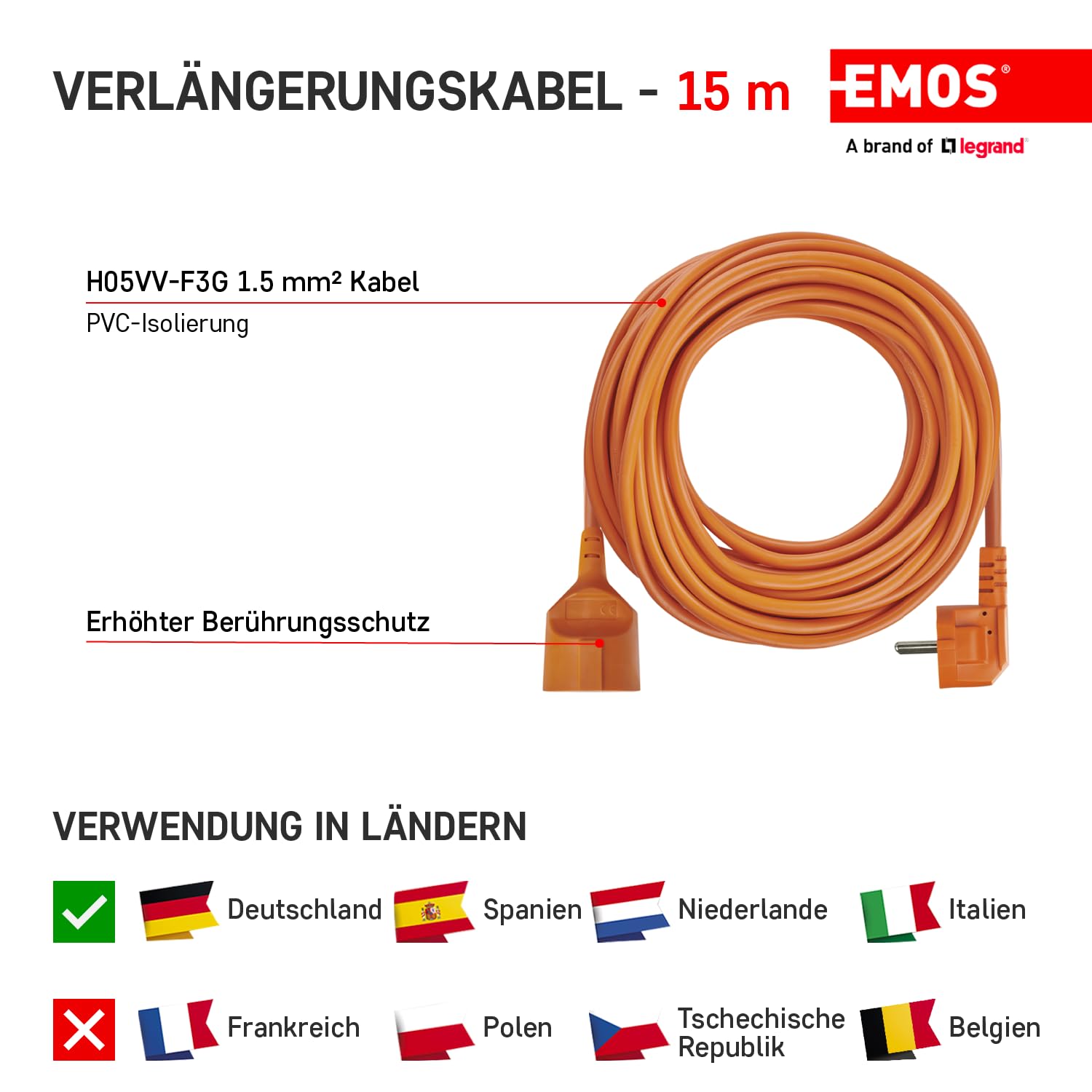 EMOS Prolunga 15 m Schuko Prolunga di alimentazione per interni IP20, H05VV-F3G 1,5 mm2, protezione bambini