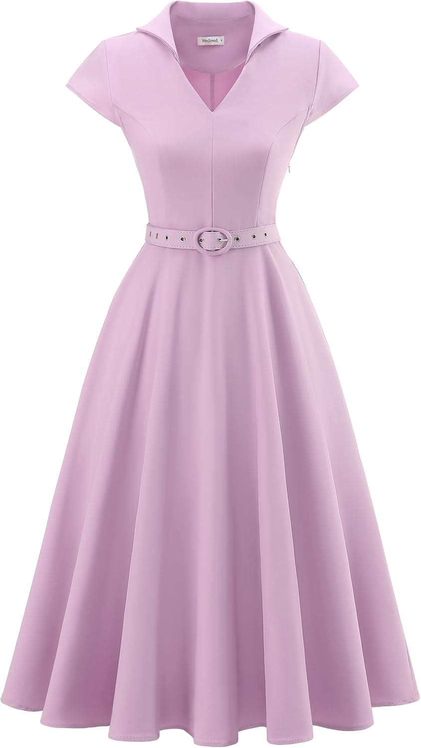 Wedtrend 1950's Vintage Dresses for Women Cocktail Dress with Belt Modest Church Dress Wedding Guest Dresses with Pockets