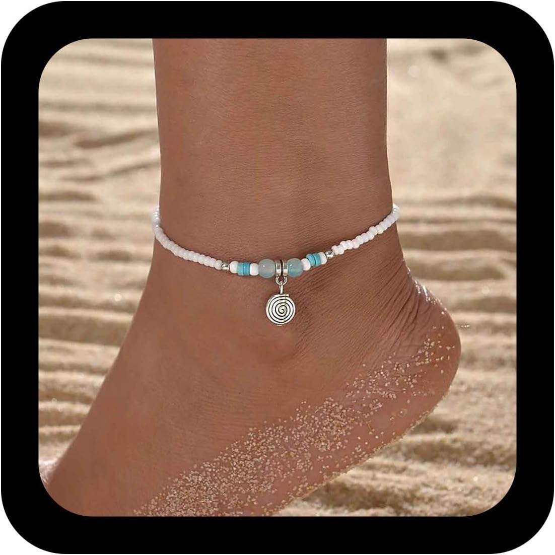 Andelaisi Boho Beads Ankle Bracelet Vintage Spiral Coin Dangle Ankle Chain White Rice Beaded Bracelet Acrylic Bead Foot Chain Jewelry for Women