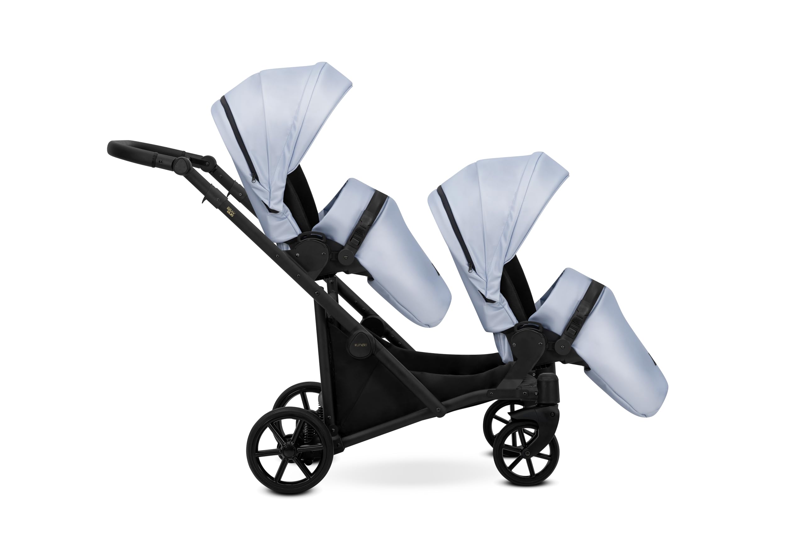 Kunert BRAV DUO Passeggino Gemellare 2 in 1+Accessori: Comfort, Sicurezza, Praticità, design elegante e funzionale, sistema versatile, telaio in alluminio, leggero, ecopelle baby blue/nero