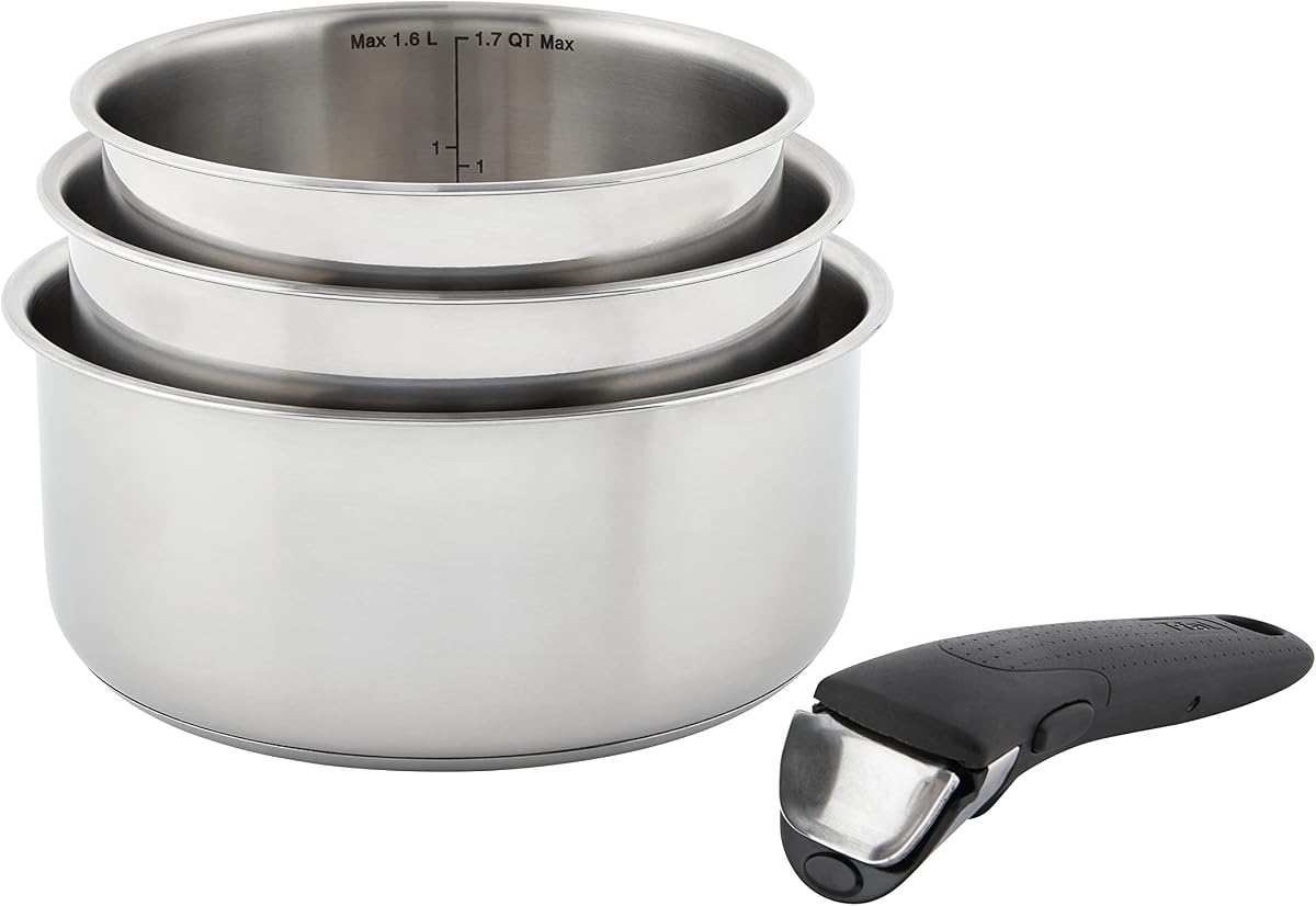 Ingenio Expertise Stainless Steel Cookware Set 4 Piece, Induction, Oven Safe, Stackable Cookware, Pots and Pans, RV, Camping, Frying Pans, Dishwasher Safe, Detachable/Removable Handle, Silver