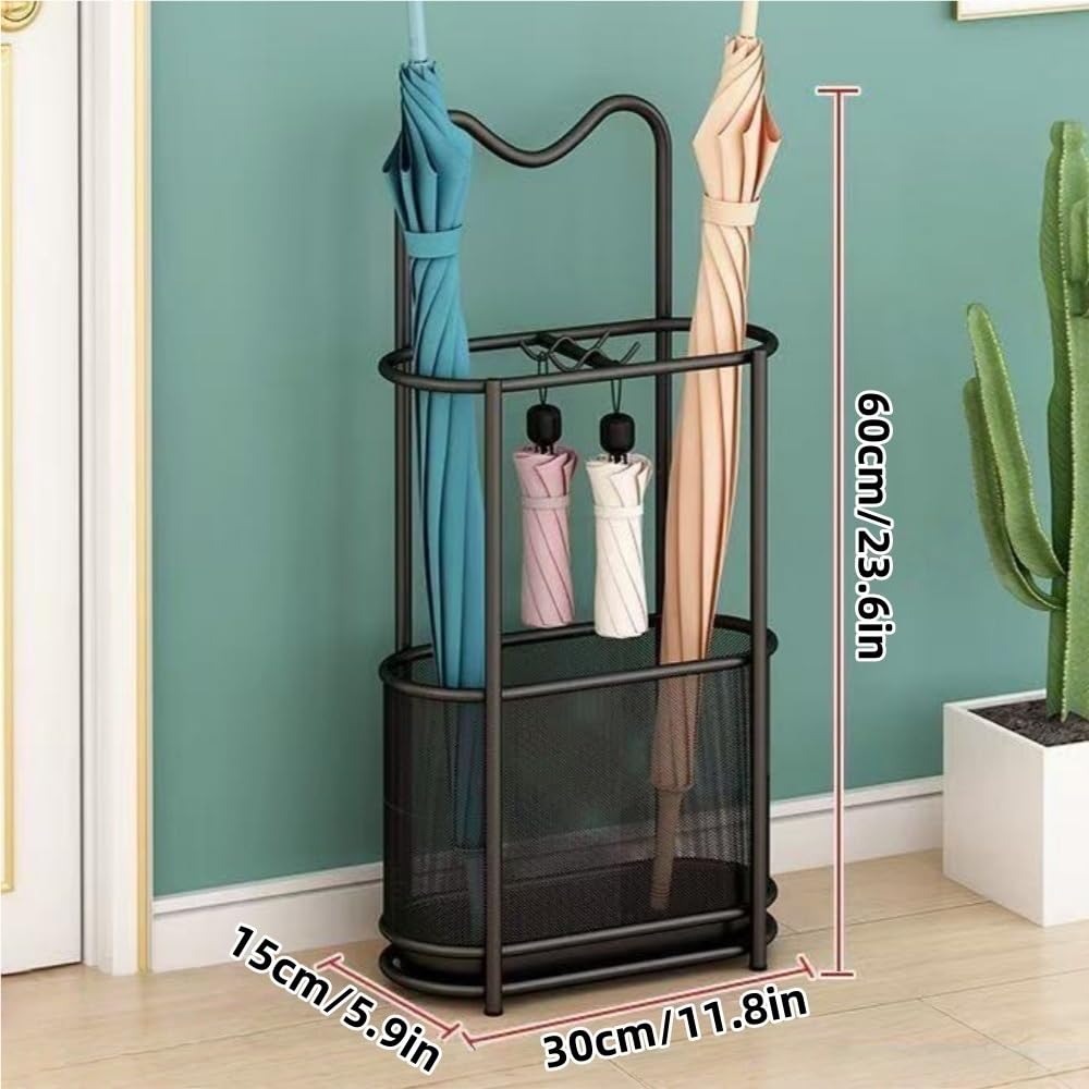 Elegante portaombrelli in metallo robusto con cuscinetti antiscivolo, supporto per ombrello da ingresso e gancio per riporre oggetti, design moderno per l'organizzazione della casa