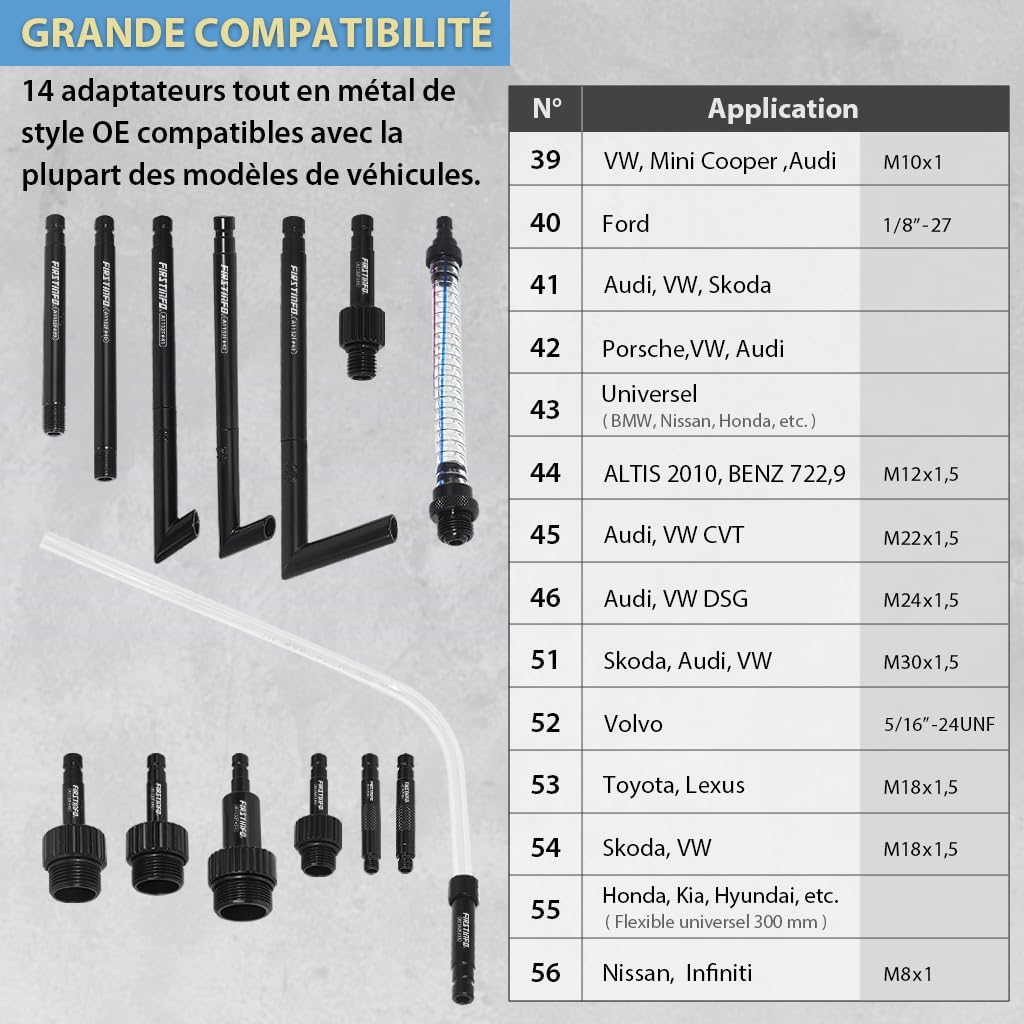 FIRSTINFO Pompe ATF Pneumatique 10L pour Remplissage et Extraction d'Huile de Transmission, Outil de Vidange pour Boîte Automatique avec 14 Adaptateurs ATF, Kit Professionnel Garage A1135NEU