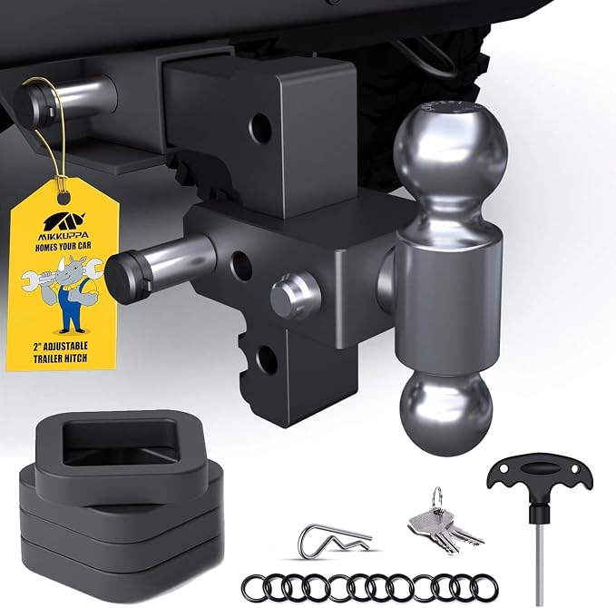 MIKKUPPA Adjustable Trailer Hitch - Fits 2" Receiver, 6" Drop/Rise Heavy Duty Aluminum Tow Hitches for Truck with Dual Ball Mount 2" x 2-5/16" (12,500 LBS GTW) and Anti-Theft Locking Hitch Pins